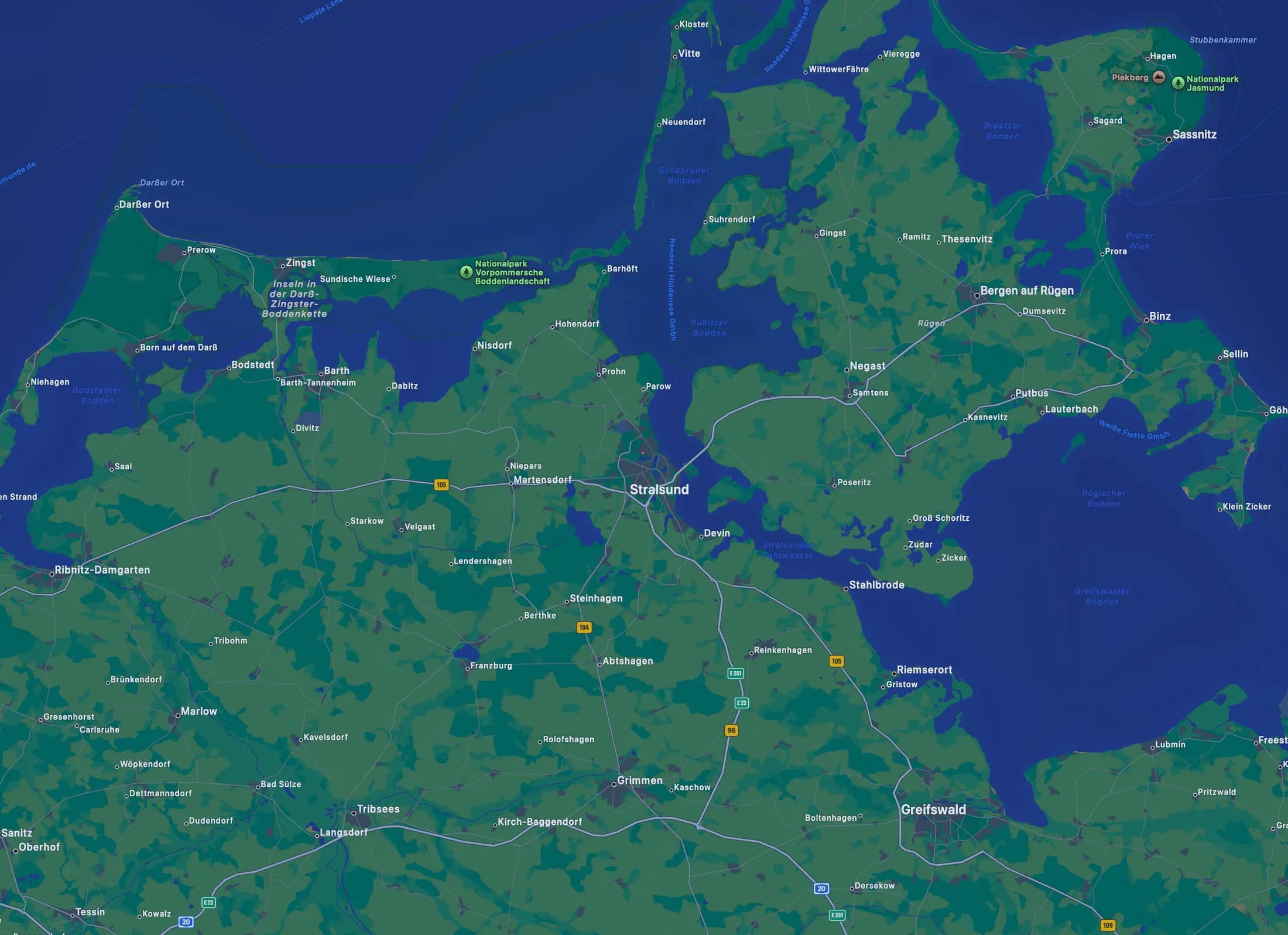 Karte des Herz-Shuttle Servicegebiets: Stralsund, Rügen, Grimmen, Barth und Greifswald